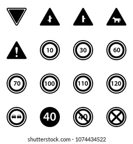 Solid vector icon set - giving way vector road sign, intersection, cow, attention, speed limit 10, 30, 60, 70, 100, 110, 120, no overtake, minimal, end, stop