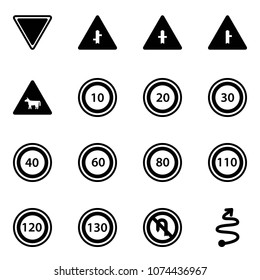 Solid vector icon set - giving way vector road sign, intersection, cow, speed limit 10, 20, 30, 40, 60, 80, 110, 120, 130, no turn back, trip