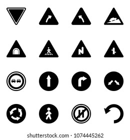 Solid vector icon set - giving way vector road sign, turn right, left, climb, tunnel, pedestrian, abrupt, intersection, no overtake, only forward, detour, circle, parking even, undo