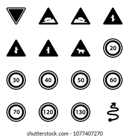 Solid vector icon set - giving way vector road sign, climb, steep descent, intersection, cow, speed limit 20, 30, 40, 50, 60, 70, 120, 130, trip