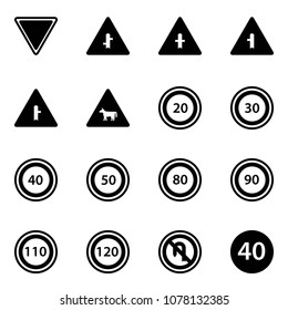 Solid vector icon set - giving way vector road sign, intersection, cow, speed limit 20, 30, 40, 50, 80, 90, 110, 120, no turn back, minimal