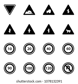 Solid vector icon set - giving way vector road sign, steep descent, tractor, intersection, cow, speed limit 10, 20, 40, 60, 90, 100, 120, no turn back