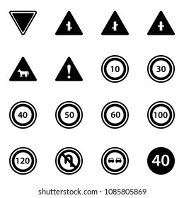 Solid vector icon set - giving way vector road sign, intersection, cow, attention, speed limit 10, 30, 40, 50, 60, 100, 120, no turn back, overtake, minimal