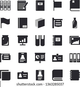 Solid vector icon set - glass bottles flat vector, signboard, flag, notebook, chart, badge, sticker, book, notepad, textbook, folders for papers, gallery
