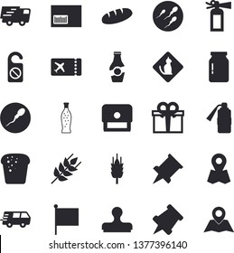 Solid vector icon set - glass jar flat vector, ear, bread, lemonade, ketchup, location, flag, present, trucking, barcode, sperm, stamp, pushpin, ticket fector, pets allowed, do not disturb