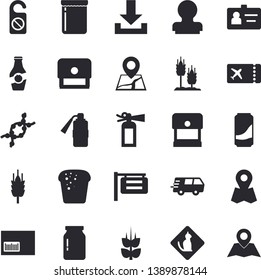 Solid vector icon set - glass jar flat vector, bread, lemonade, jam, ketchup, ear, signboard, location, trucking, barcode, DNA, badge, stamp, ticket fector, pets allowed, do not disturb, download