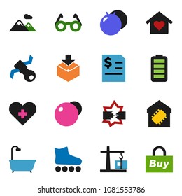 solid vector icon set - glasses vector, annual report, fitball, roller Skates, satellite, package, battery, heart cross, disconnection, mountain, bath, love home, smart, construction crane, buy