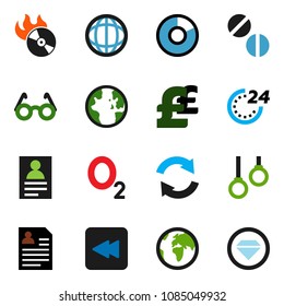 solid vector icon set - glasses vector, world, personal information, pie graph, pound, gymnast rings, oxygen, earth, music hit, backward button, pills, refresh, 24 hour, diamond ring