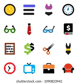 solid vector icon set - glasses vector, abacus, case, annual report, clock, tie, dollar sign, swimsuit, tv, scissors, menu, cushioned furniture