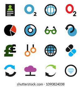 solid vector icon set - glasses vector, world, personal information, pie graph, pound, gymnast rings, oxygen, pills, cloud network, refresh, undo, globe, diamond ring