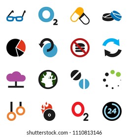 solid vector icon set - glasses vector, pie graph, pills, no fast food, gymnast rings, oxygen, earth, music hit, cloud network, refresh, undo, loading, 24 hour