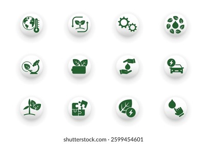 Solid vector icon set with global warming, biological research, environmental protection, water resources symbols.