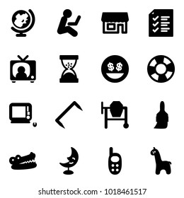 Solid vector icon set - globe vector, store, list, tv news, sand clock, money smile, lifebuoy, monoblock pc, staple, cocncrete mixer, brush, crocodile, moon lamp, phone toy, giraffe