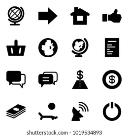 Solid vector icon set - globe vector, right arrow, home, like, basket, document, dialog, dollar, lounger, satellite antenna, standby button