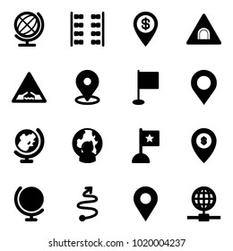 Solid vector icon set - globe vector, plane seats, dollar pin, tunnel road sign, drawbridge, map, flag, man, atm, trip, navigation