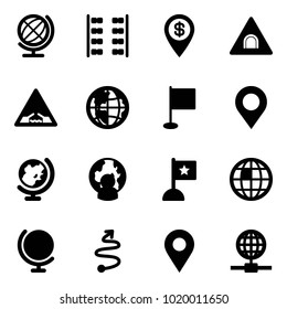 Solid vector icon set - globe vector, plane seats, dollar pin, tunnel road sign, drawbridge, flag, map, man, trip, navigation