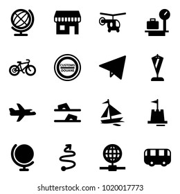Solid vector icon set - globe vector, duty free, helicopter, baggage scales, bike, customs road sign, paper fly, pennant, plane, flip flops, sail boat, sand castle, trip, toy bus