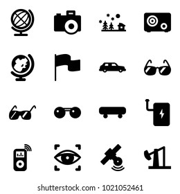 Solid vector icon set - globe vector, camera, christmas landscape, safe, flag, limousine, sunglasses, skateboard, power bank, music player, eye scanner, satellite, oil derrick