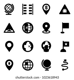 Solid vector icon set - globe vector, plane seats, dollar pin, tunnel road sign, drawbridge, map, flag, man, atm, trip