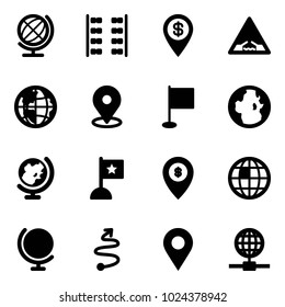 Solid vector icon set - globe vector, plane seats, dollar pin, drawbridge road sign, map, flag, atm, trip, navigation