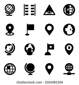 Solid vector icon set - globe vector, plane seats, drawbridge road sign, map pin, flag, man, atm, navigation