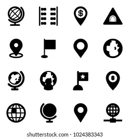 Solid vector icon set - globe vector, plane seats, dollar pin, tunnel road sign, map, flag, man, atm, navigation
