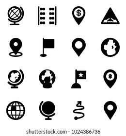 Solid vector icon set - globe vector, plane seats, dollar pin, drawbridge road sign, map, flag, man, atm, trip, navigation