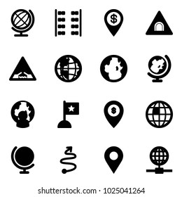 Solid vector icon set - globe vector, plane seats, dollar pin, tunnel road sign, drawbridge, man, flag, atm map, trip, navigation