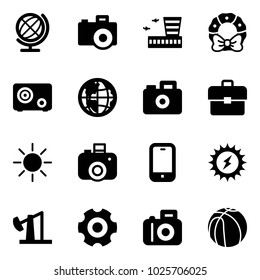 Solid vector icon set - globe vector, camera, airport building, christmas wreath, safe, portfolio, sun, mobile phone, power, oil derrick, gear, basketball