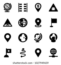 Solid vector icon set - globe vector, plane seats, dollar pin, tunnel road sign, drawbridge, map, flag, man, trip, navigation