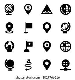 Solid vector icon set - globe vector, dollar pin, drawbridge road sign, map, flag, man, atm, trip, navigation
