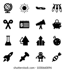 Solid vector icon set - globe vector, sun, small plane, garland, santa stick, finance calendar, telescope, piggy bank, flask, arrow up, arrows, moon flag, rocket, nail dowel, robot, dart