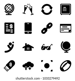 Solid vector icon set - globe vector, wine glasses, exchange, safe, account statement, phone, link, schedule, flying man, home, sunglasses, usb wi fi, cloud data, record button, football