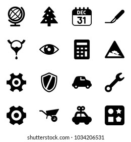 Solid vector icon set - globe vector, christmas tree, 31 dec calendar, scalpel, bladder, eye, calculator, steep descent road sign, gear, shield, car, wrench, wheelbarrow, toy, cube hole