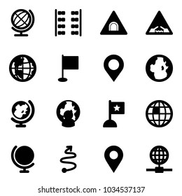 Solid vector icon set - globe vector, plane seats, tunnel road sign, drawbridge, flag, map pin, man, trip, navigation