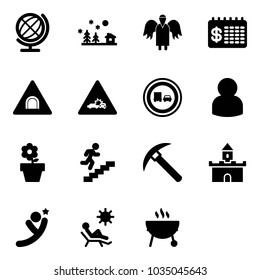 Solid vector icon set - globe vector, christmas landscape, angel, finance calendar, tunnel road sign, car crash, no truck overtake, user, flower pot, career, rock axe, sand fort, flying man, beach