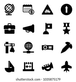 Solid vector icon set - globe vector, calendar, road for moto sign, only forward, portfolio, speaker horn, flag, star medal, ship bell, projector, screw, sailboat toy, abacus, plane