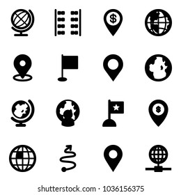 Solid vector icon set - globe vector, plane seats, dollar pin, map, flag, man, atm, trip, navigation