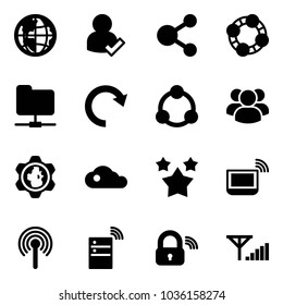 Solid vector icon set - globe vector, user check, share, friends, network folder, redo, community, group, gear, cloud, stars, notebook wi fi, antenna, server wireless, lock, fine signal
