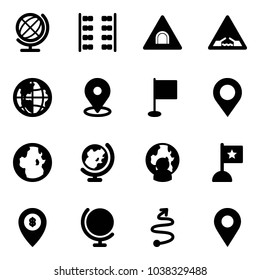 Solid vector icon set - globe vector, plane seats, tunnel road sign, drawbridge, map pin, flag, man, atm, trip, navigation
