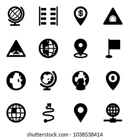 Solid vector icon set - globe vector, plane seats, dollar pin, tunnel road sign, drawbridge, map, flag, man, atm, trip, navigation