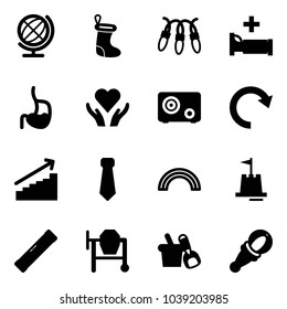 Solid vector icon set - globe vector, christmas sock, garland, hospital bed, stomach, heart care, safe, redo, growth, tie, rainbow, sand castle, level, cocncrete mixer, shovel bucket, beanbag