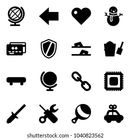 Solid vector icon set - globe vector, left arrow, heart, snowman, credit card, shield, flip flops, bucket scoop, skateboard, link, cpu, clinch, wrench screwdriver, beanbag, car toy