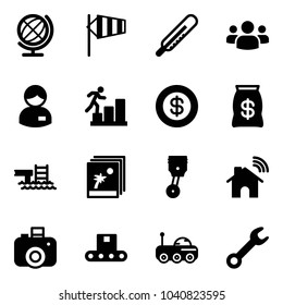 Solid vector icon set - globe vector, side wind, thermometer, group, manager, career, dollar, money bag, pool, photo, piston, wireless home, camera, conveyor, moon rover, wrench