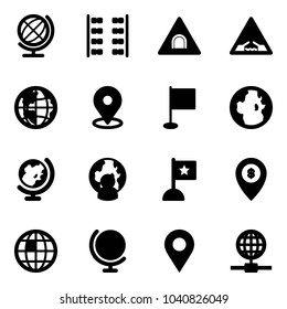 Solid vector icon set - globe vector, plane seats, tunnel road sign, drawbridge, map pin, flag, man, atm, navigation
