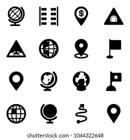 Solid vector icon set - globe vector, plane seats, dollar pin, tunnel road sign, drawbridge, map, flag, man, trip, navigation