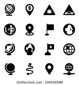 Solid vector icon set - globe vector, dollar pin, tunnel road sign, drawbridge, map, flag, man, trip, navigation