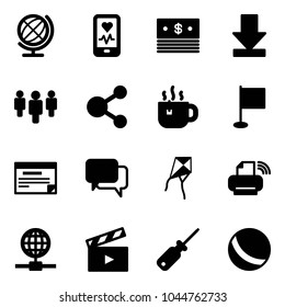 Solid vector icon set - globe vector, mobile heart monitor, dollar, download, group, share, hot tea, flag, schedule, dialog, kite, printer wireless, movie flap, screwdriver, ball