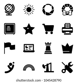 Solid vector icon set - globe vector, sun, christmas wreath, safe, star, cart, printer, flag, statistics monitor, chess tower, crown, flying man, rainbow, oil derrick, wrench screwdriver