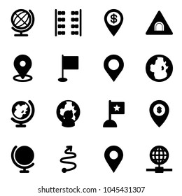 Solid vector icon set - globe vector, plane seats, dollar pin, tunnel road sign, map, flag, man, atm, trip, navigation